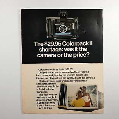 Vtg Polaroid $29.95 Colorpack II Film Camera Print Ad 10 1/4×13 1/4