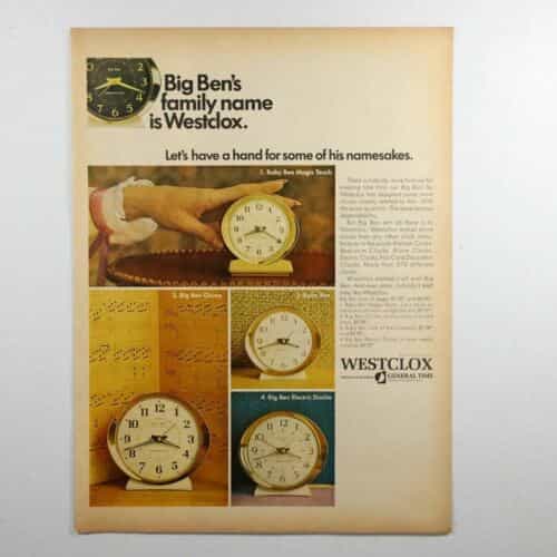 Vtg Westclox Big Ben Tabletop Clock Alarm Print Ad 10 3/4 x 13 3/4