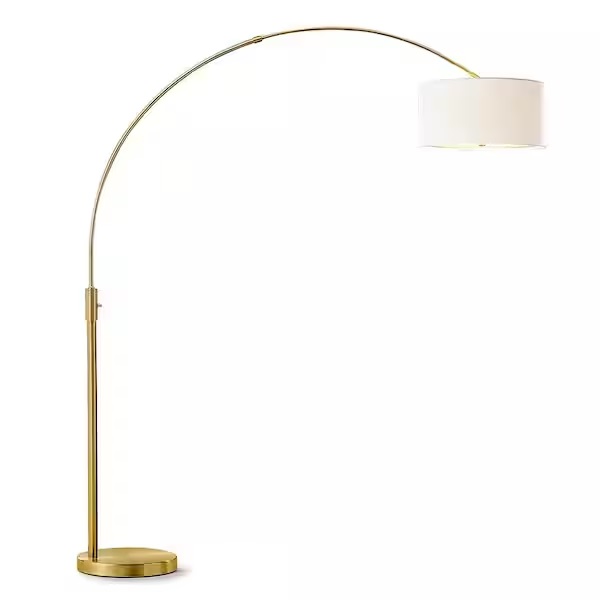 HomeGlam HL6013-AB-DWH Orbita 82 in. Antique Brass Furnish LED Dimmable Retractable Arch Floor Lamp, Bulb Included with Drum White Shade
