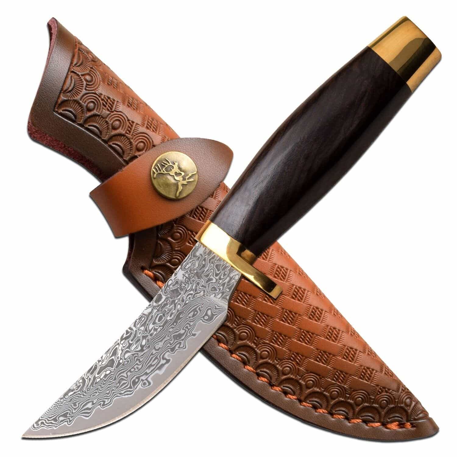 Elk Ridge 7.5″ Damascus Steel Wood Handle Fixed Blade Hunting Skinning Knife