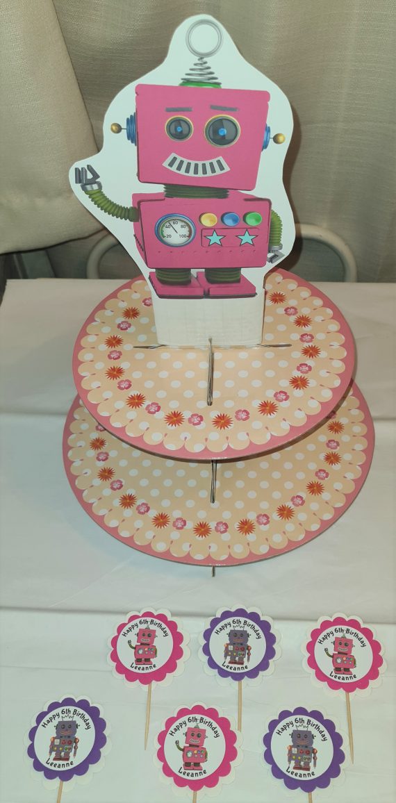 pink-robot-party-set-centerpiece-custom-cupcake-toppers-cupcake-stand