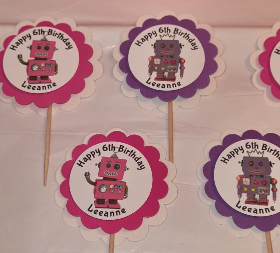 pink-robot-party-set-centerpiece-custom-cupcake-toppers-cupcake-stand