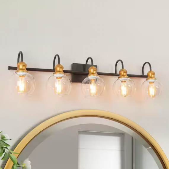 lnc-bneijihd112w5t8-35-5-in-5-light-aged-brass-vanity-light-with-black-linear-frame-and-modern-clear-glass-globes
