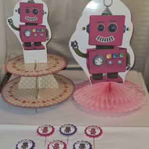 Pink Robot party set Centerpiece, Custom Cupcake Toppers, Cupcake Stand