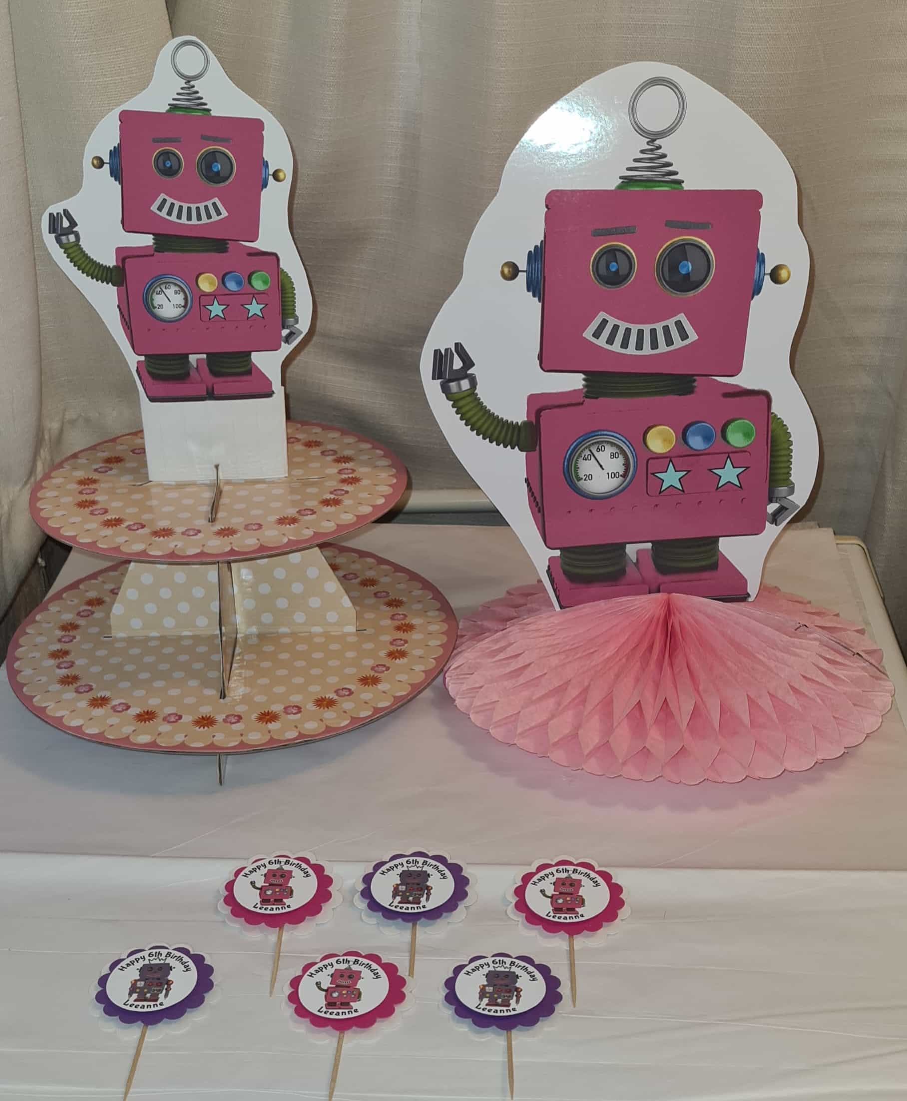 Pink Robot party set Centerpiece, Custom Cupcake Toppers, Cupcake Stand