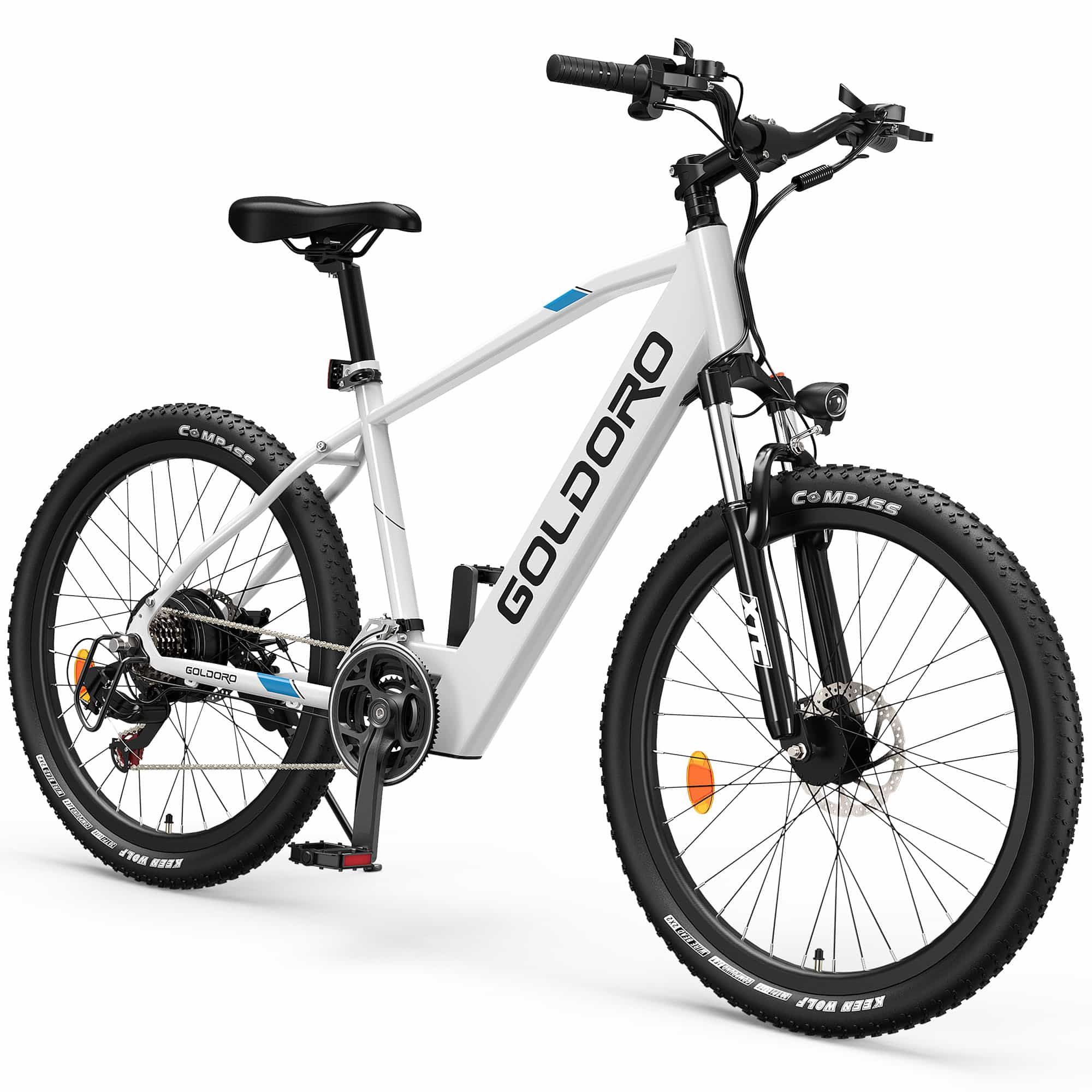 Goldoro Electric Bike 26″ X7 Aluminum Alloy Mountain Bike, 250W/36V, MAX 18 MPH, 21 speed with Alloy Wheels (White)