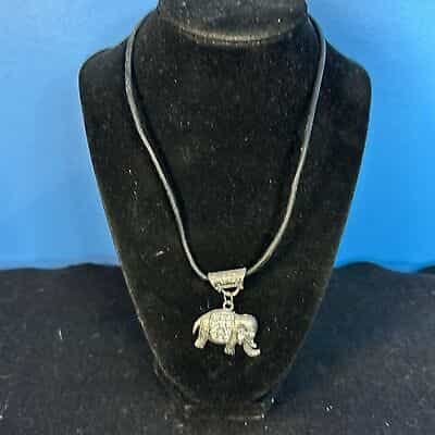 Faux Silver Elephant with Faux Diamonds Necklace on Black Rope