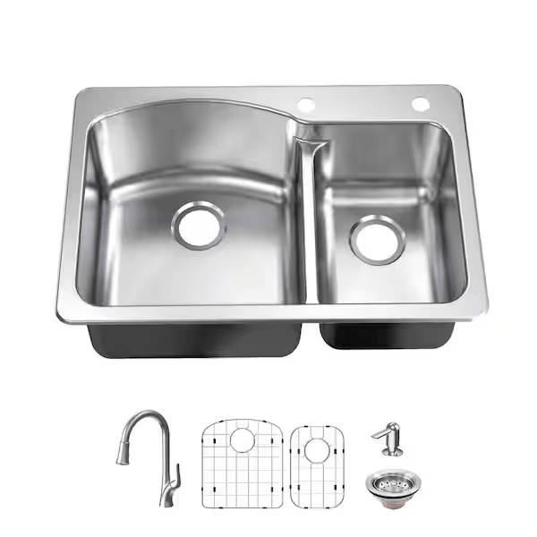 Glacier Bay VT3322G2 All in-One 33 in. Drop-in/Undermount Double Bowl 18 Gauge Stainless Steel Kitchen Sink with Pull-Down Faucet