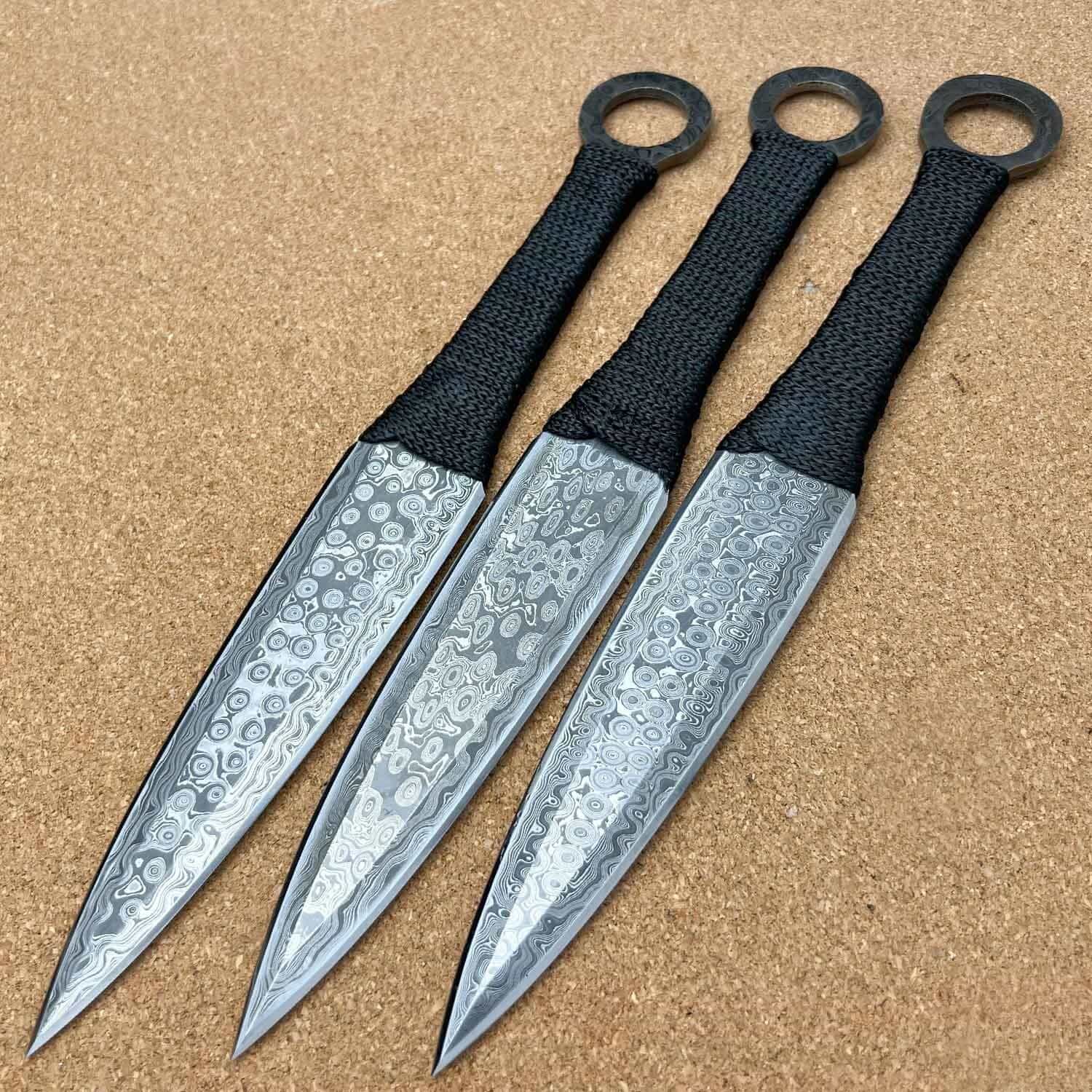 Kunai Throwing Knives -Hand Made Damascus (12 Inches) – Set of 3 w/ Leather Case