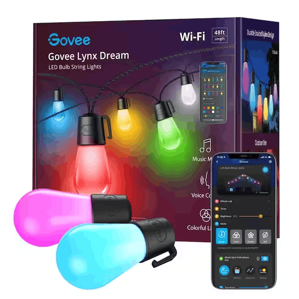 Govee H7028AB1 Lynx Dream 48 ft. Outdoor Plug-In LED Input Smart Edison Bulb Wi-Fi Enabled String Light (15-Bulbs)