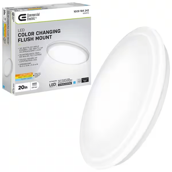 Commercial Electric 564511111 20 in. Low Profile LED Flush Mount Round Ceiling Light 2400 Lumens 3000K 4000K 5000K Dimmable Bedroom Lighting