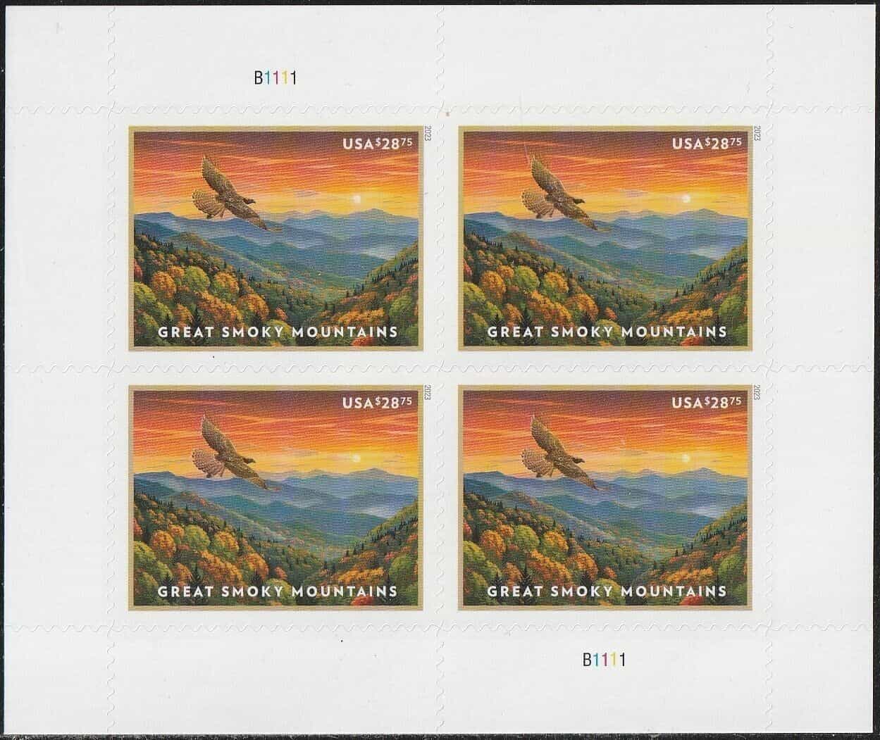 US Great Smoky Mountains Stamps 1 Booklet of 4 stamps For Priority Mail (MNH) With Plate# B1111,Scott# 5752, (MNH). (MNH)