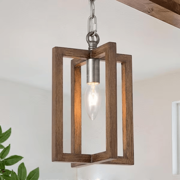 LNC BU2UAMHD13603K6 Modern Farmhouse 1-Light Brushed Silver Island Pendant with Brown Faux Wood Metal Cage Hanging Lantern for Foyer Hallway