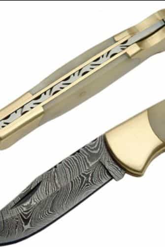 Damascus Lockback Folding Knife 3.25″ Steel Clip Point Blade Smooth Bone NEW BOX