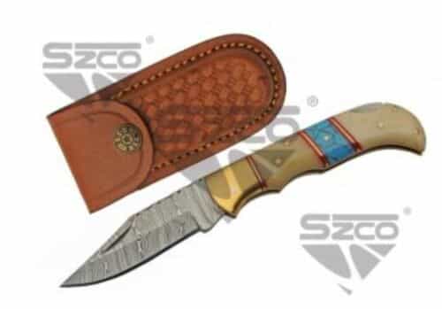 Pocket Folding Knife | Damascus 6.75″ Overall Lockback White Bone/ Turquoise