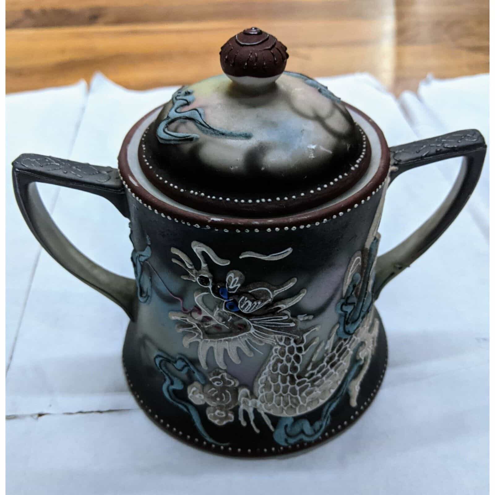 Vintage Japanese Dragon-ware Moriage Double Handle Sugar Bowl