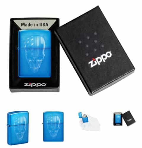 Zippo 48739, American Skull Design, High Polish Blue Lighter, NEW