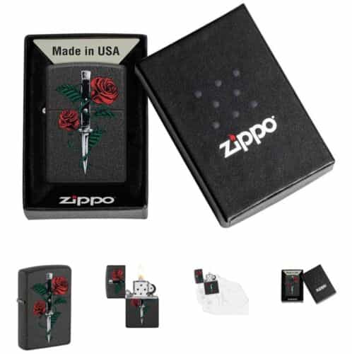 Zippo 49778, Red Rose and Dagger Tattoo Design, Black Crackle Finish Lighter