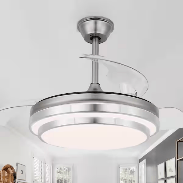 Bella Depot DC4204 42 in. LED Indoor Brushed Nickel Retractable Ceiling Fan with Dimmable Light and Remote 6-Speed Reversible Fandelier