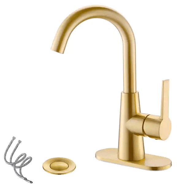 Phiestina HDWE10E-BG 4 in. Centrest Single-Handle Bathroom Sink Faucet with Deck Plate and Supply Hoses in Brushed Gold