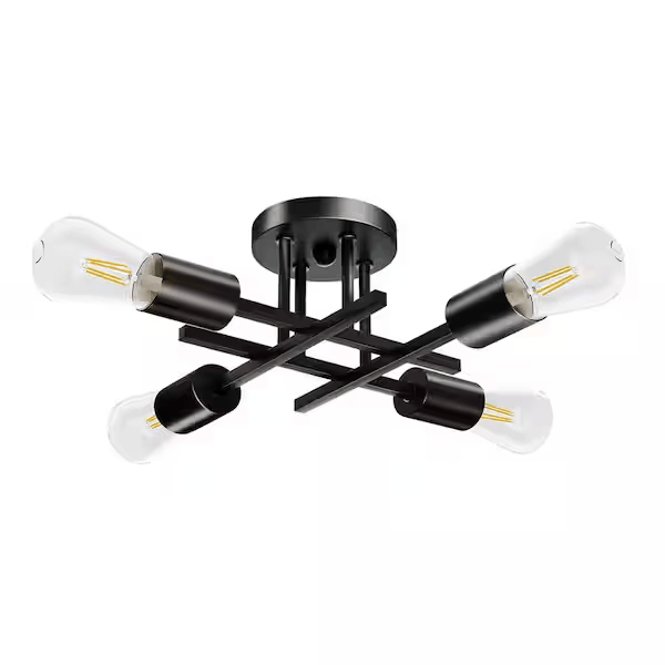 TOZING XDDTY4T-CWSGH 16 in. 4-Light Modern Sputnik Linear Black Metal Industrial Farmhouse Semi- Flush Mount Ceiling Lights Chandelier Light