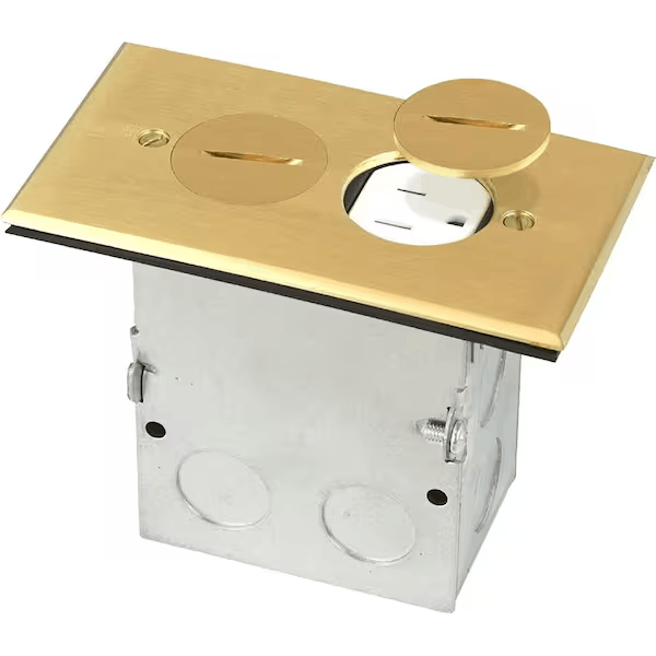 NEWHOUSE ELECTRIC 9800BR Floor Box Kit with Screw Caps, Electrical Box for Wood Sub-Flooring with 15A TR Duplex Receptacle, Brass