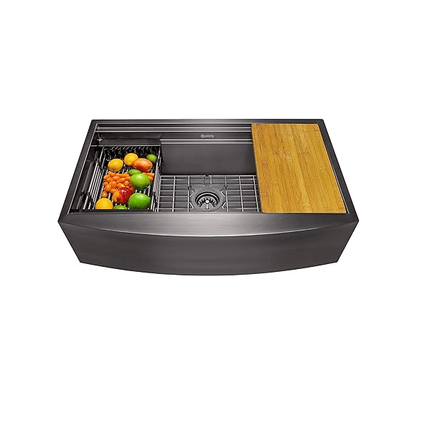 akdy-ks0509-33-inch-kitchen-sink-farmhouse-apron-mount-workstation-ledge-kitchen-sink-in-gunmetal-matte-black-33-x-20-x-9-stainless-steel-single-bowl-with-drying-rack-cutti