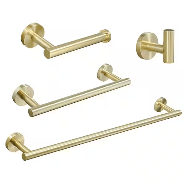 Boyel Living BMG322-4NG 4-Piece Bath Hardware Set with Towel Bar, Towel Robe Hook, Toilet Roll Paper Holder, Hand Tower Holder in Brushed Gold