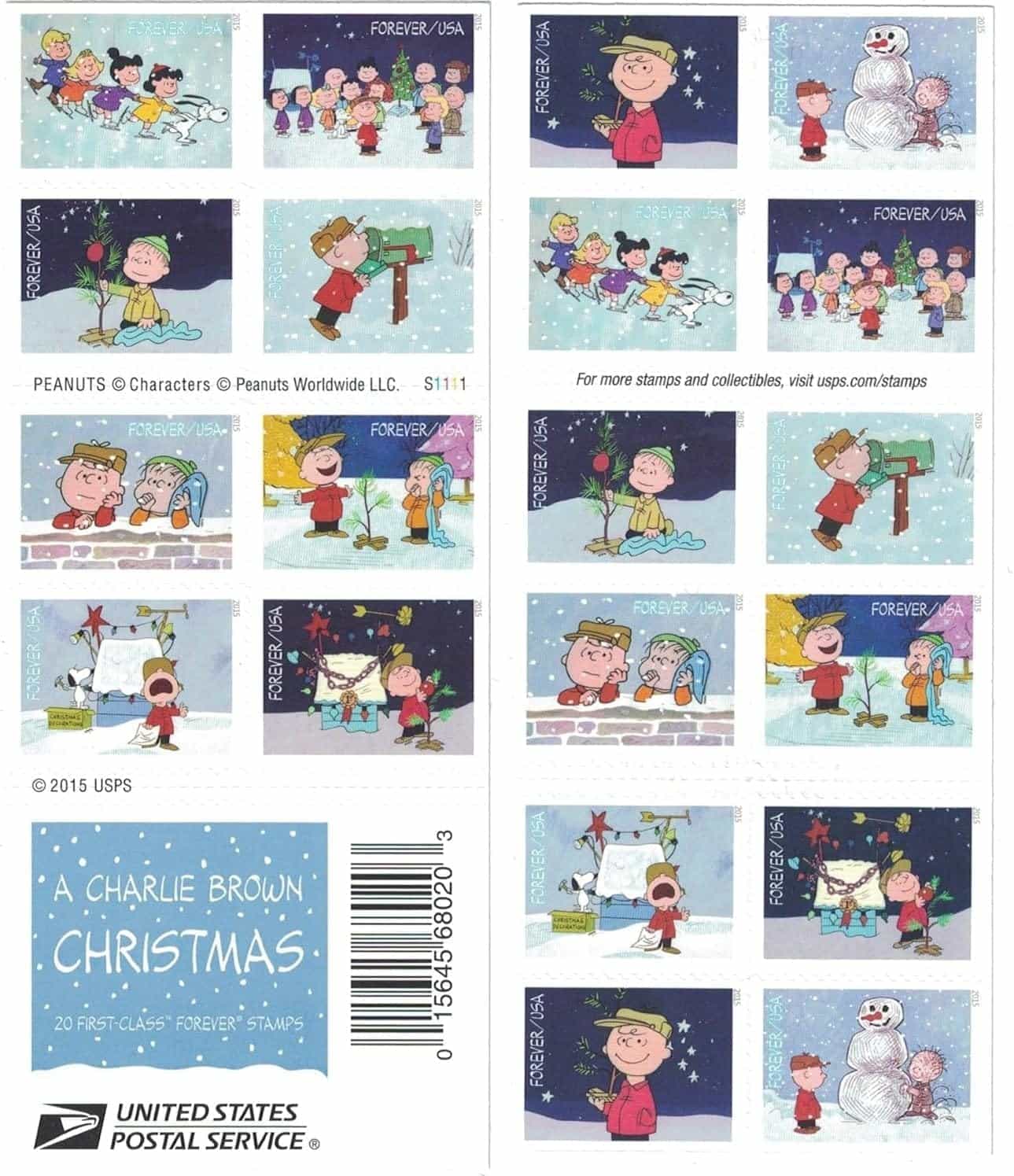 Charlie Brown Christmas Forever Postage Book of 20 Self-Stick Stamps for USPS First Class
