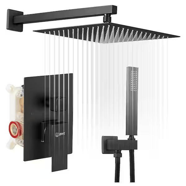 BWE A-95012-Black Rainfall 2-Handle 2-Spray 12 in. Square High Pressure Shower Faucet in Matte Black (Valve Included)