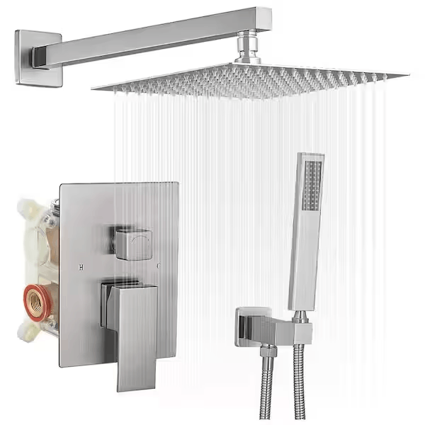 BWE A-95012-N 2-Spray Patterns With 2.5 GPM 12 in. Showerhead Wall Mounted Dual Shower Heads With Valve in Brushed Nickel