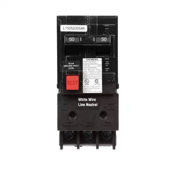Siemens QE250 50 Amp Double Pole Type QE Ground Fault Equipment Protection Circuit Breaker
