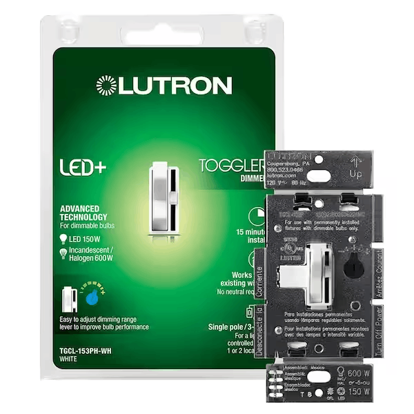 Lutron TGCL-153PH-WH Toggler LED+ Dimmer Switch for Dimmable LED and Incandescent Bulbs, 150W LED/Single-Pole or 3-Way, White (TGCL-153PH-WH)