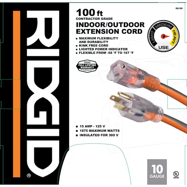 RIDGID 68100RGD 100 ft. 10/3 Heavy Duty Indoor/Outdoor SJTW Extension Cord with Lighted End, Orange/Grey