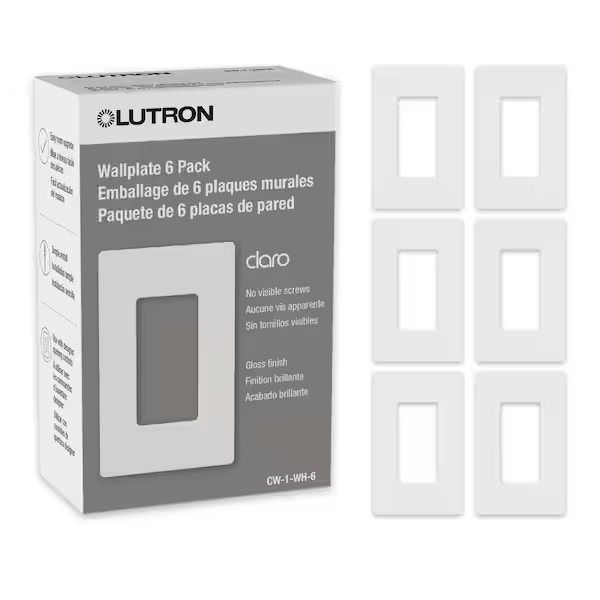 Lutron CW-1-WH-6 Claro 1 Gang Wall Plate for Decorator/Rocker Switches, Gloss, White (CW-1-WH-6) (6-Pack)