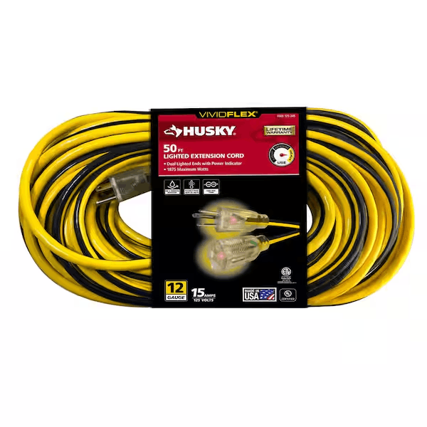 Husky 24050HY VividFlex 50 ft. 12/3 Heavy Duty Indoor/Outdoor Extension Cord with Lighted End, Yellow
