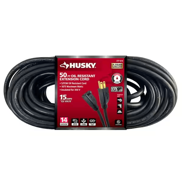 Husky 57050BLKHY 50 ft. 14/3 Medium Duty Indoor/Outdoor Oil Resistant Extension Cord, Black