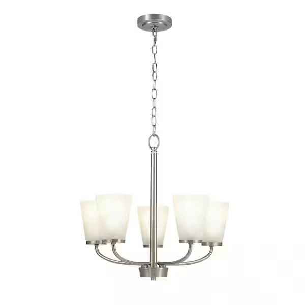 Hampton Bay 21095-000 Helena 21 in 5-Light Brushed Nickel Hanging Chandelier with Frosted Glass Shades for Dining Room