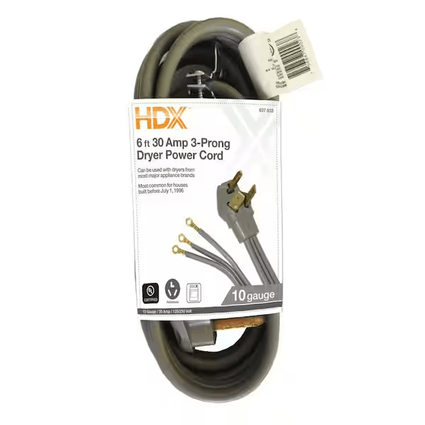HDX HD#627-833 6 ft. 10/3 30 Amp 3-Prong Dryer Power Cord, Gray