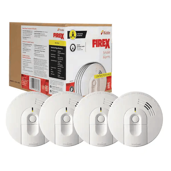 Kidde 21030967 Firex Smoke Detector, Hardwired with nine-V Battery Backup & Front-Load Battery Door, Smoke Alarm, 4-Pack