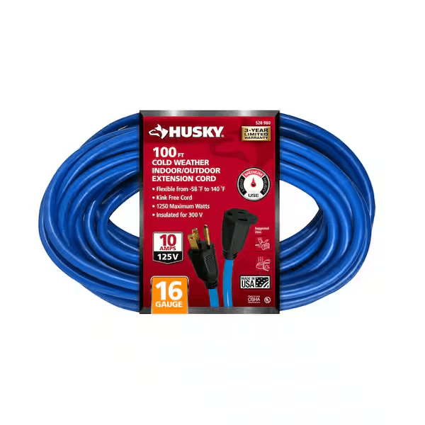 Husky 80100HY 100 ft. 16/3 Medium Duty Cold Weather Indoor/Outdoor Extension Cord, Blue