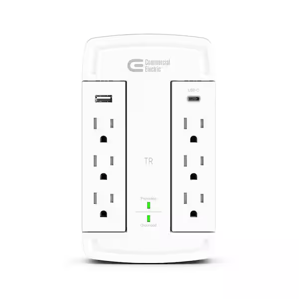 Commercial Electric HDC6WSUCW 6-Outlet Wall Mounted Swivel Surge Protector with USB