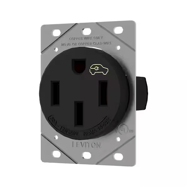 Leviton R10-1450R-0B0 50 Amp 125-Volt/250-Volt EV Charging Single Receptacle/Outlet, Black Heavy-Duty, 1450R-B0
