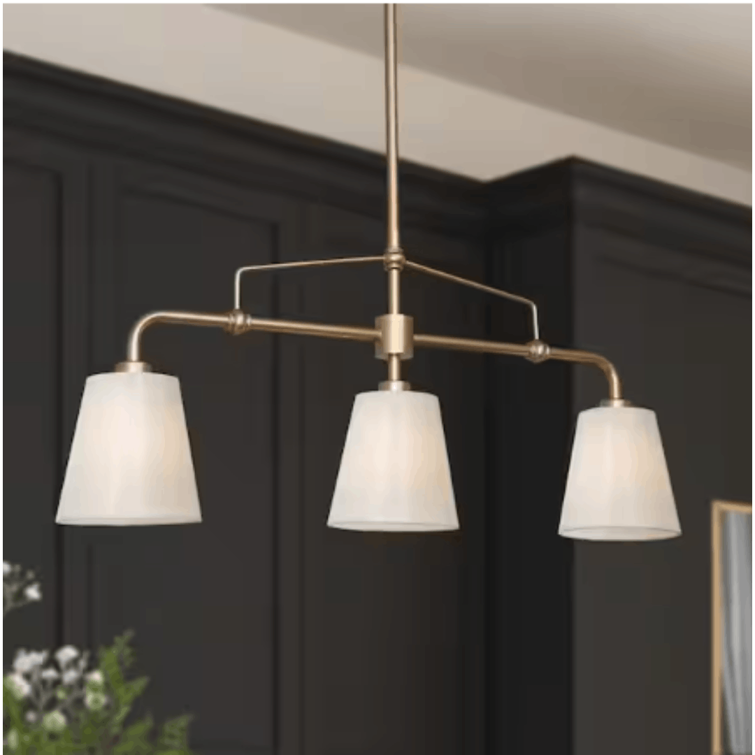 Uolfin G7ZVEMHD24167FJ Modern Farmhouse Gold Bedroom Chandelier, 25 in. 3-Light Kitchen Island Linear Pendant Light with Fabric Shade