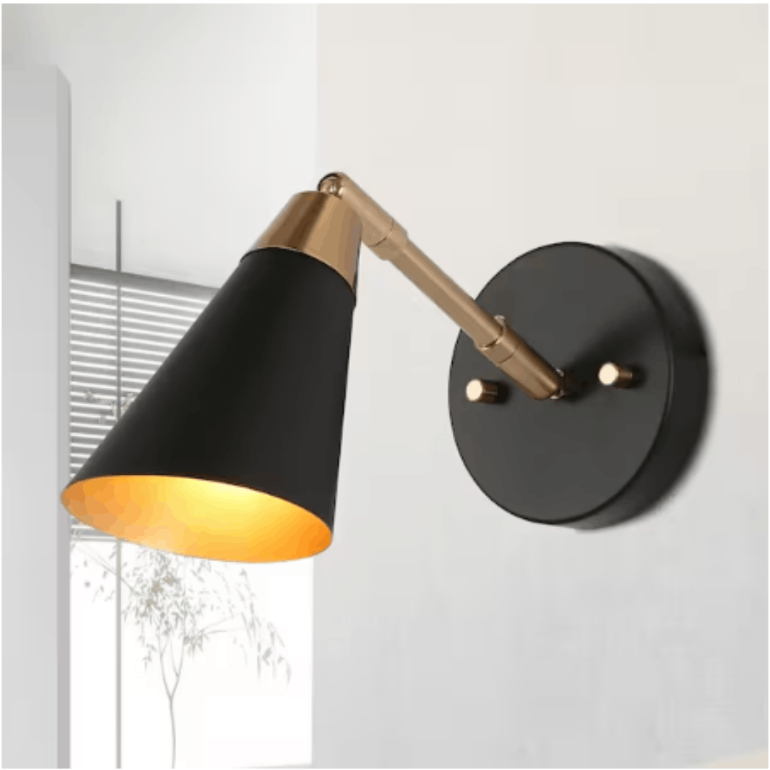Zevni Z-K7MUZ3AJ-4383 Flumie 1-Light Industrial Black Indoor Wall Sconce Modern Brass Vanity Light Adjustable Head with Cone Metal Shade
