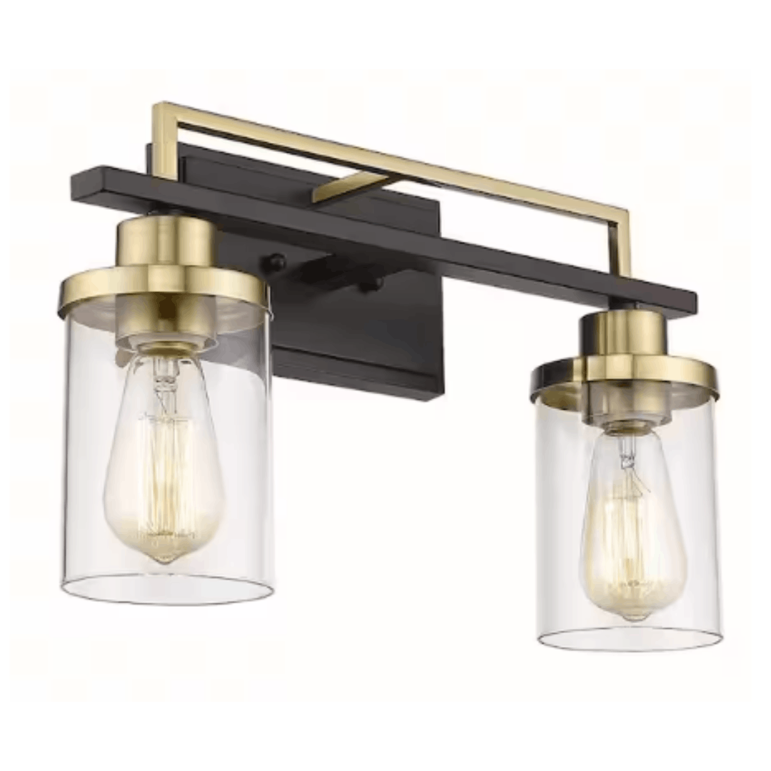 JAZAVA HDYCE238B2WBKBG 16.7 in. 2-Light Black and Gold Vanity Light with Clear Glass Shade