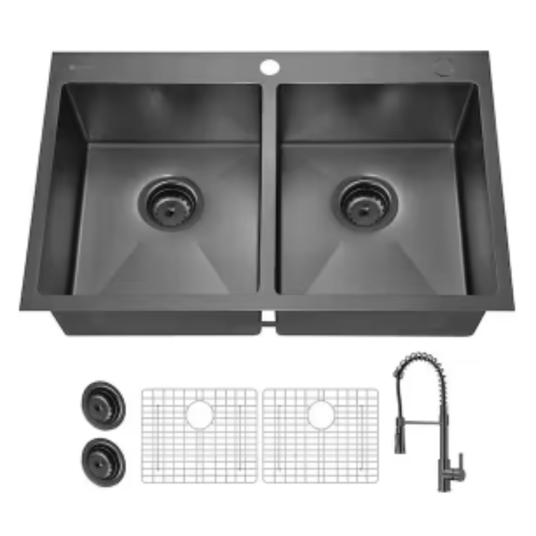 glacier-bay-1006-420-656-33-in-drop-in-double-bowl-18-gauge-gunmetal-black-stainless-steel-kitchen-sink-with-black-spring-neck-faucet