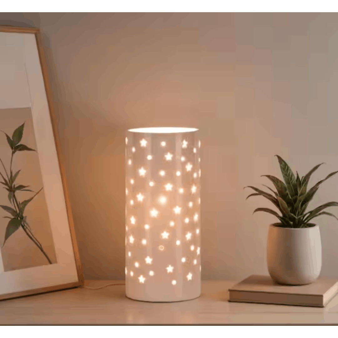 Alsy 24260-001 10 in. White Indoor Ceramic Up-Light with White Cut Out Pattern Shade