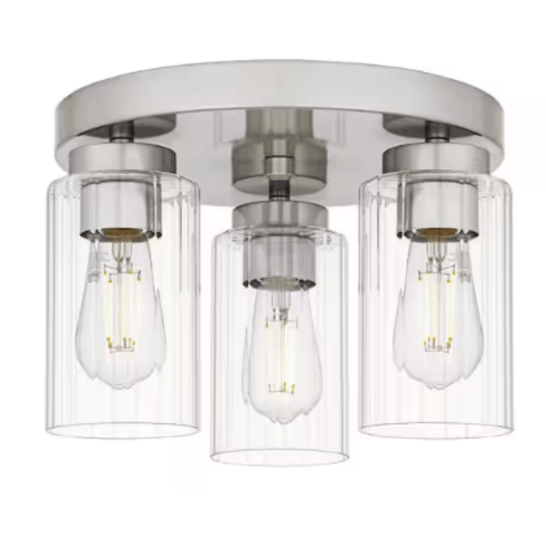 DSI LIGHTING DSHD33238B Delphi 13.25 in. 3-Light Brushed Nickel Contemporary Flush Mount with Clear Ribbed Glass Shades