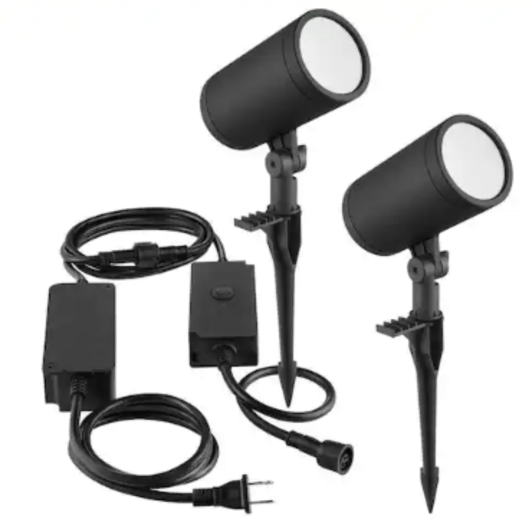 Hampton Bay HB-20S10-BK Smart Black RGBw Hardwired Integrated LED Outdoor Spotlight Kit with Transformer Powered by Hubspace (2-Pack)